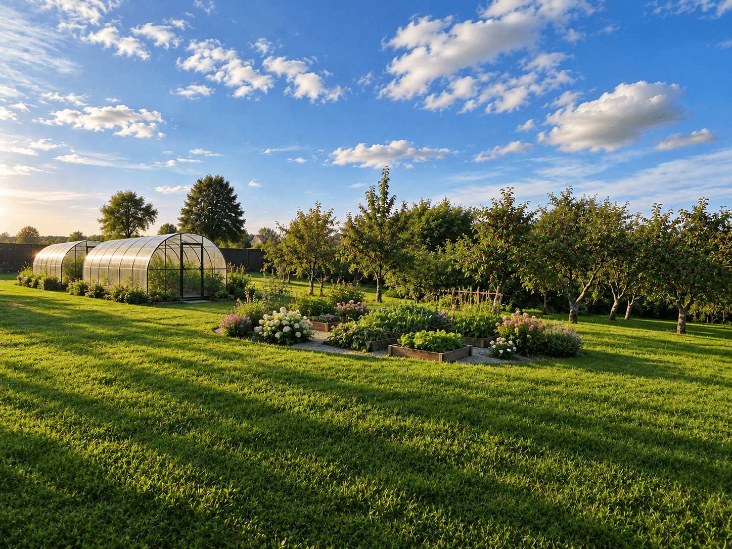 The kitchen garden, with greenhouses