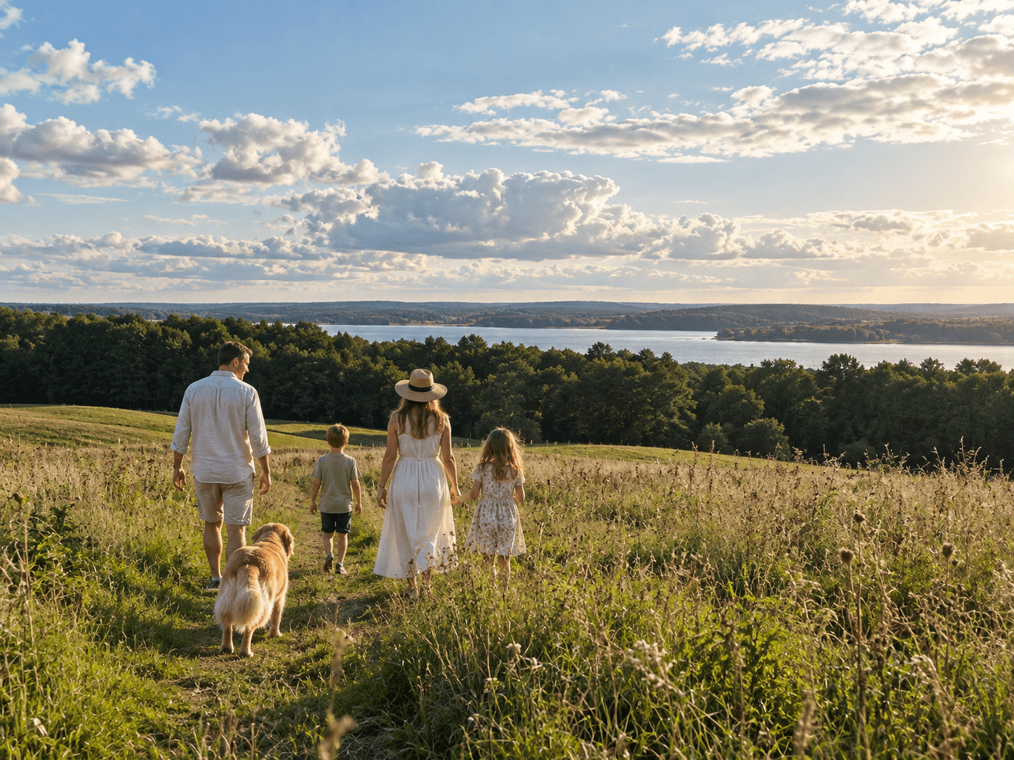 A family walking through the hills near the estate, with the lake in view